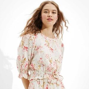 American Eagle Crop Top Eyelet Embroidered Floral Boho Cotton Linen XS Coquette